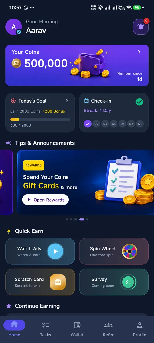EarnzonePro home screen